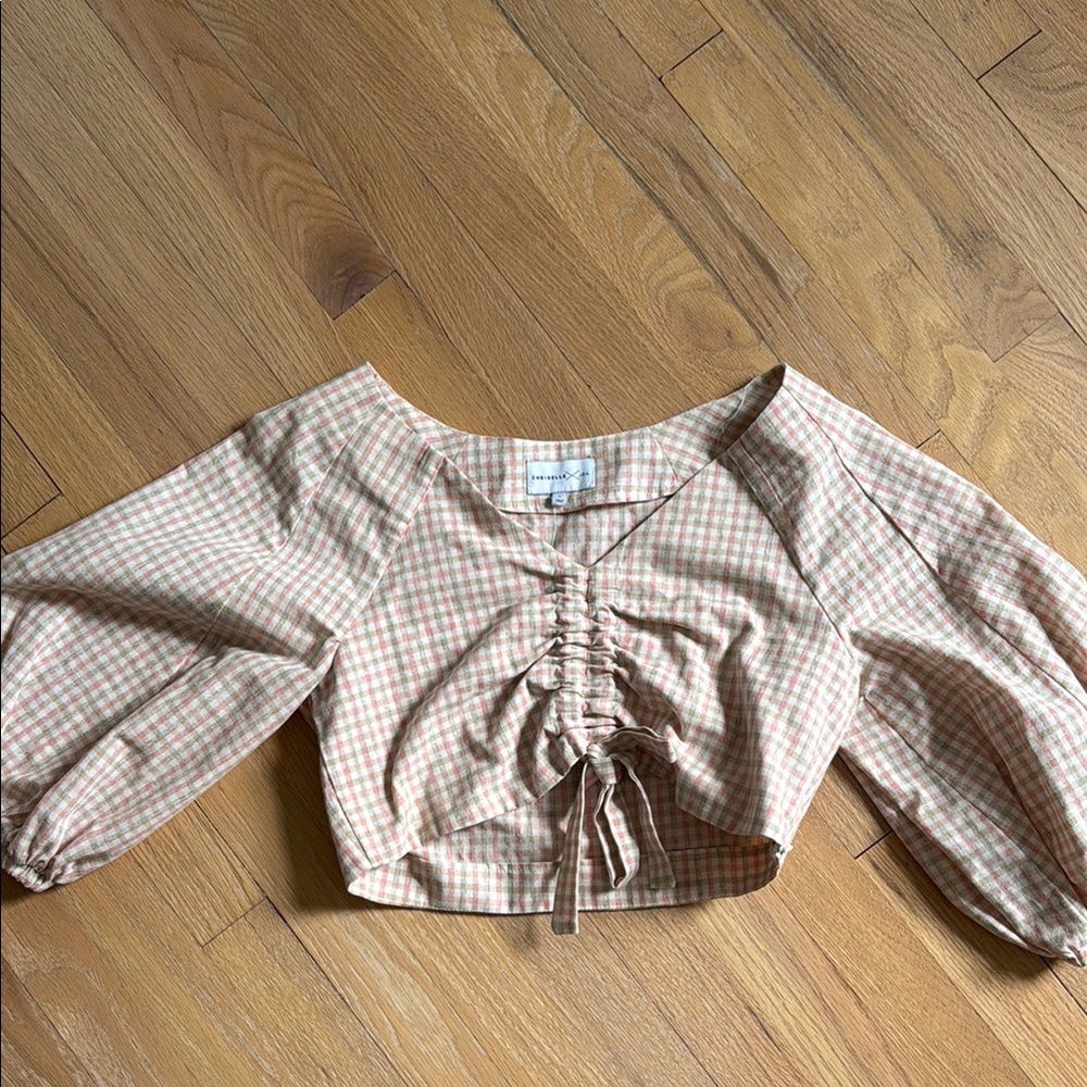 Pink and Tan checkered Ruched Crop Blouse with balloon sleeves